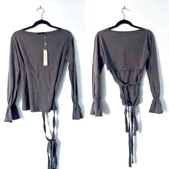 Mustard Seed Top Gray Medium Blouse Open Cut Out Back Ruffle Boho Long Sleeve - Picture 1 of 3